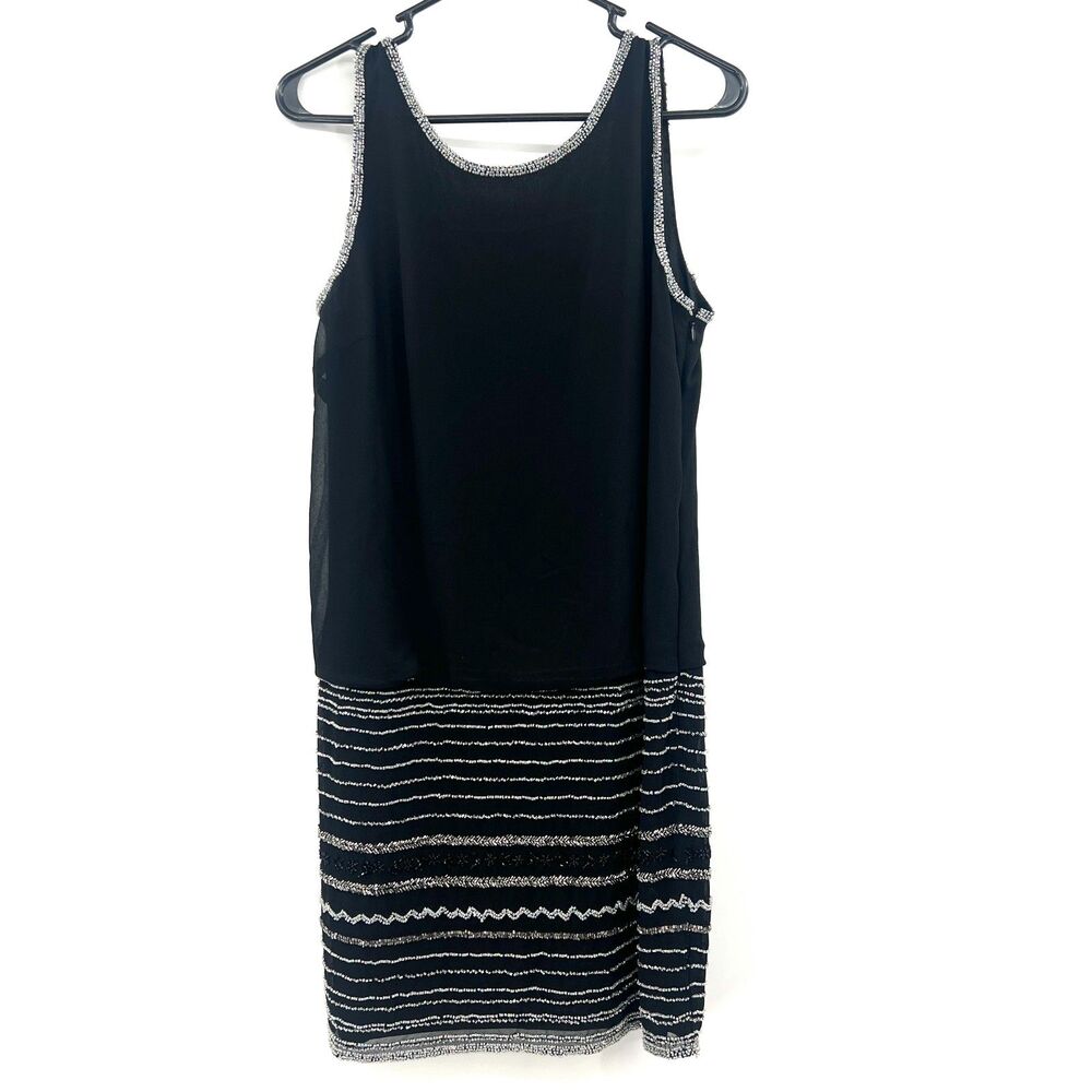 Adrianna Papell Black Beaded Sequin Cocktail Dress Womens 10 Sleeveless Party